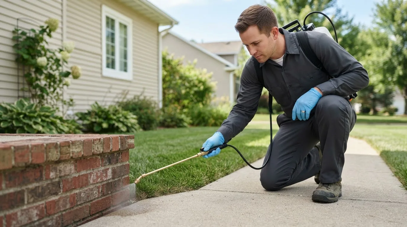 Pest control technician treating a home near Boxholm, IA