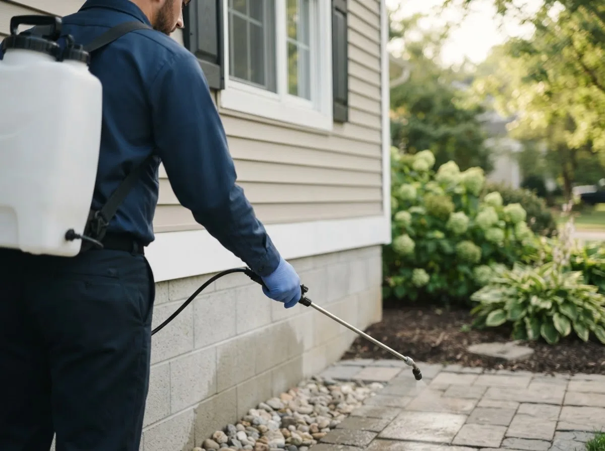 Pest control technician inspecting a home in Boxholm, IA